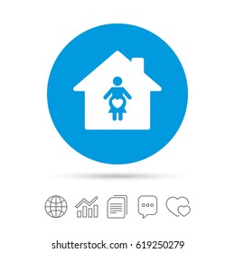 Maternity hospital. Pregnant sign icon. Women Pregnancy symbol. Copy files, chat speech bubble and chart web icons. Vector