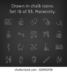 Maternity icon set hand drawn in chalk on a blackboard vector white icons on a black background.