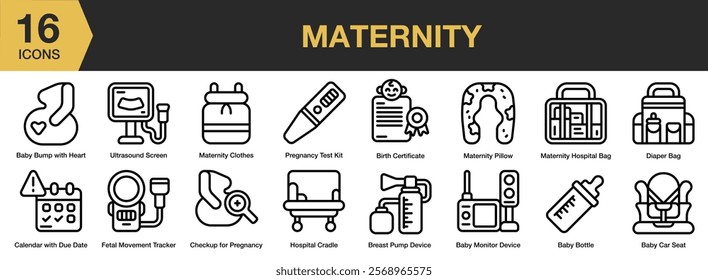 Maternity icon set. Includes mother, baby, maternity, pregnant, health, pregnancy, and More. Outline icons vector collection.