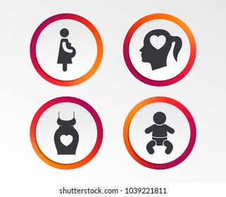Maternity icons. Baby infant, pregnancy and dress signs. Head with heart symbol. Infographic design buttons. Circle templates. Vector