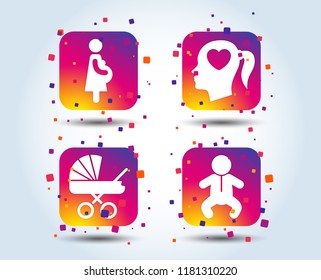 Maternity icons. Baby infant, pregnancy and buggy signs. Baby carriage pram stroller symbols. Head with heart. Colour gradient square buttons. Flat design concept. Vector