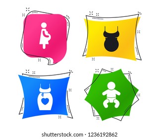 Maternity icons. Baby infant, pregnancy and shirt signs. Dress with heart symbol. Geometric colorful tags. Banners with flat icons. Trendy design. Vector