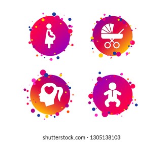 Maternity icons. Baby infant, pregnancy and buggy signs. Baby carriage pram stroller symbols. Head with heart. Gradient circle buttons with icons. Random dots design. Vector
