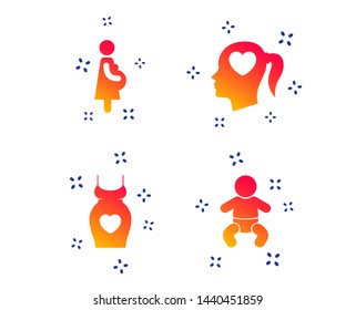 Maternity icons. Baby infant, pregnancy and dress signs. Head with heart symbol. Random dynamic shapes. Gradient maternity icon. Vector