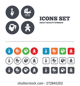 Maternity icons. Baby infant, pregnancy and buggy signs. Baby carriage pram stroller symbols. Head with heart. Web buttons set. Circles and squares templates. Vector