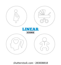 Maternity icons. Baby infant, pregnancy and buggy signs. Baby carriage pram stroller symbols. Head with heart. Linear outline web icons. Vector