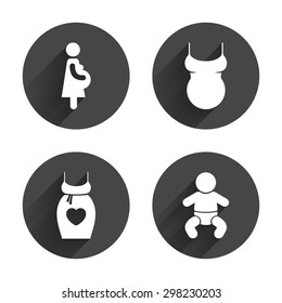 Maternity icons. Baby infant, pregnancy and shirt signs. Dress with heart symbol. Circles buttons with long flat shadow. Vector