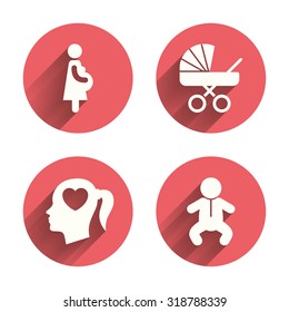 Maternity icons. Baby infant, pregnancy and buggy signs. Baby carriage pram stroller symbols. Head with heart. Pink circles flat buttons with shadow. Vector