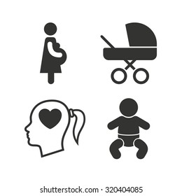 Maternity icons. Baby infant, pregnancy and buggy signs. Baby carriage pram stroller symbols. Head with heart. Flat icons on white. Vector