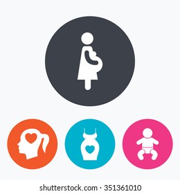 Maternity icons. Baby infant, pregnancy and dress signs. Head with heart symbol. Circle flat buttons with icon.