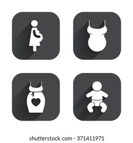 Maternity icons. Baby infant, pregnancy and shirt signs. Dress with heart symbol. Square flat buttons with long shadow.