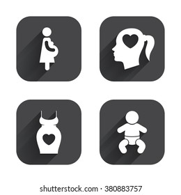 Maternity icons. Baby infant, pregnancy and dress signs. Head with heart symbol. Square flat buttons with long shadow.