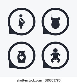 Maternity icons. Baby infant, pregnancy and shirt signs. Dress with heart symbol. Flat icon pointers.