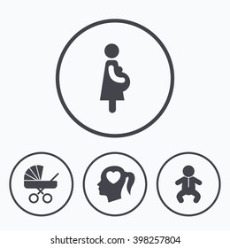 Maternity icons. Baby infant, pregnancy and buggy signs. Baby carriage pram stroller symbols. Head with heart. Icons in circles.