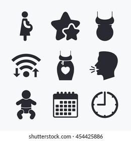 Maternity icons. Baby infant, pregnancy and shirt signs. Dress with heart symbol. Wifi internet, favorite stars, calendar and clock. Talking head. Vector