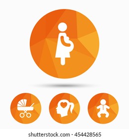 Maternity icons. Baby infant, pregnancy and buggy signs. Baby carriage pram stroller symbols. Head with heart. Triangular low poly buttons with shadow. Vector