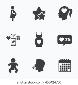 Maternity icons. Baby infant, pregnancy and dress signs. Head with heart symbol. Flat talking head, calendar icons. Stars, like counter icons. Vector