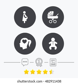 Maternity icons. Baby infant, pregnancy and buggy signs. Baby carriage pram stroller symbols. Head with heart. Chat, award medal and report linear icons. Star vote ranking. Vector