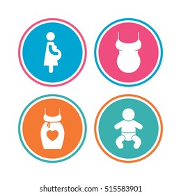 Maternity icons. Baby infant, pregnancy and shirt signs. Dress with heart symbol. Colored circle buttons. Vector