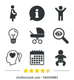 Maternity icons. Baby infant, pregnancy and buggy signs. Baby carriage pram stroller symbols. Head with heart. Information, light bulb and calendar icons. Investigate magnifier. Vector
