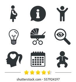Maternity icons. Baby infant, pregnancy and buggy signs. Baby carriage pram stroller symbols. Head with heart. Information, light bulb and calendar icons. Investigate magnifier. Vector