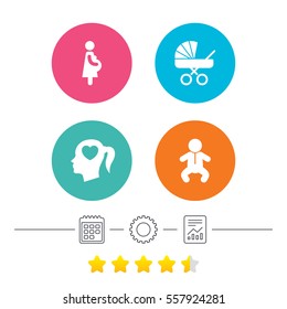 Maternity icons. Baby infant, pregnancy and buggy signs. Baby carriage pram stroller symbols. Head with heart. Calendar, cogwheel and report linear icons. Star vote ranking. Vector