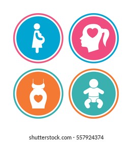Maternity icons. Baby infant, pregnancy and dress signs. Head with heart symbol. Colored circle buttons. Vector
