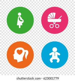 Maternity icons. Baby infant, pregnancy and buggy signs. Baby carriage pram stroller symbols. Head with heart. Round buttons on transparent background. Vector