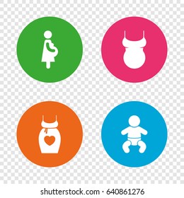 Maternity icons. Baby infant, pregnancy and shirt signs. Dress with heart symbol. Round buttons on transparent background. Vector