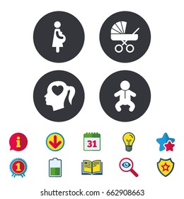 Maternity icons. Baby infant, pregnancy and buggy signs. Baby carriage pram stroller symbols. Head with heart. Calendar, Information and Download signs. Stars, Award and Book icons. Vector