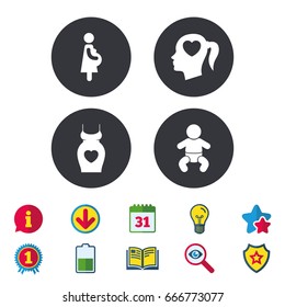 Maternity icons. Baby infant, pregnancy and dress signs. Head with heart symbol. Calendar, Information and Download signs. Stars, Award and Book icons. Light bulb, Shield and Search. Vector