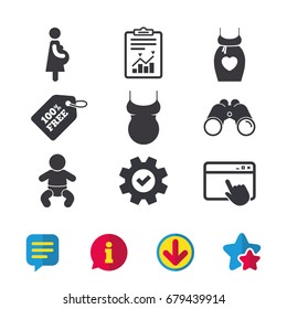 Maternity icons. Baby infant, pregnancy and shirt signs. Dress with heart symbol. Browser window, Report and Service signs. Binoculars, Information and Download icons. Stars and Chat. Vector