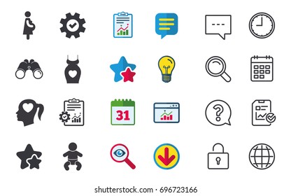 Maternity icons. Baby infant, pregnancy and dress signs. Head with heart symbol. Chat, Report and Calendar signs. Stars, Statistics and Download icons. Question, Clock and Globe. Vector