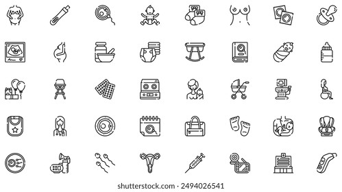 Maternity Icons collection is a vector illustration with editable stroke, offering versatility and customization. Perfect for various design needs, it includes high-quality graphics.