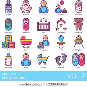 Iconos de Maternidad incluyendo Bebé, Bañera, Cuerpo, Niño, Porte, Ropa, Cubertería, Fórmula, Chica, Arroz, Sombrero, Monitor, Nutrición, Aceite, Polvo, Ducha, Bebé, Bib, Calentador, Bouncy, Silla, Beber, Leche