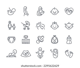 Maternity icons set. Boy, girl, pregnant woman and stroller. Parenthood and childhood. Pacifier, diaper and milk bottle. Newborn in towel and lullaby. Linear flat vector collection isolated on white