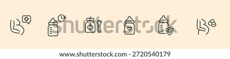 Maternity and Infant Feeding Icon Set, Minimalist Line Art Vector for Breastfeeding Support, Baby Bottle Feeding, Healthy Pregnancy Nutrition, and Newborn Formula Schedule Symbols