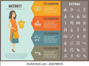 Maternity infographic options template, elements and icons. Infograph includes line icon set with pregnant woman, breast feeding, child care, reproductive technologies, ultrasound scan, baby etc.