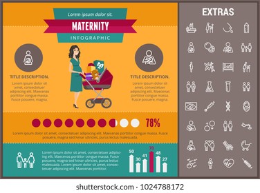 Maternity infographic template, elements and icons. Infograph includes customizable graphs, charts, line icon set with pregnant woman, breast feeding, child care, reproductive technologies etc.