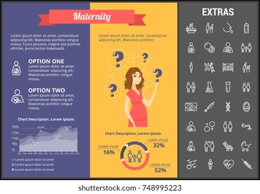 Plantilla de infografía de maternidad, elementos e iconos. Infograph incluye gráficos, gráficos, gráficos, juegos de iconos de línea con mujeres embarazadas, lactancia materna, cuidado infantil, tecnologías reproductivas, etc.