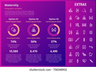 Maternity infographic template, elements and icons. Infograph includes customizable graphs, three options, line icon set with pregnant woman, breast feeding, child care, reproductive technologies etc.