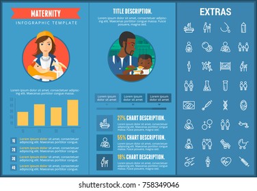 Maternity infographic template, elements and icons. Infograph includes customizable graphs, charts, line icon set with pregnant woman, breast feeding, child care, reproductive technologies etc.