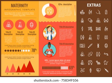 Maternity infographic template, elements and icons. Infograph includes customizable graphs, charts, line icon set with pregnant woman, breast feeding, child care, reproductive technologies etc.