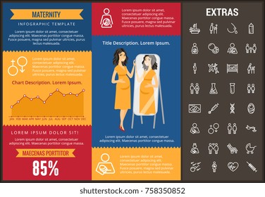 Maternity infographic template, elements and icons. Infograph includes customizable graphs, charts, line icon set with pregnant woman, breast feeding, child care, reproductive technologies etc.