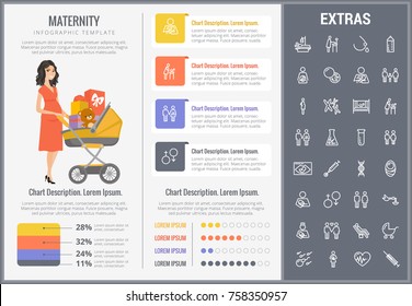 Maternity infographic template, elements and icons. Infograph includes customizable graphs, charts, line icon set with pregnant woman, breast feeding, child care, reproductive technologies etc.