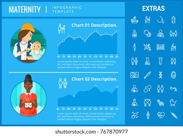 Maternity infographic template, elements and icons. Infograph includes customizable graphs, charts, line icon set with pregnant woman, breast feeding, child care, reproductive technologies etc.