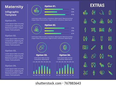 Maternity infographic template, elements and icons. Infograph includes customizable graphs, four options, line icon set with pregnant woman, breast feeding, child care, reproductive technologies etc.