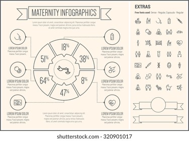 Maternity infographic template and elements. The template includes the following set of icons - pregnant mother, crib, nurse, doctor, ultrasound, stroller, ambulance, eggcell and more. Modern