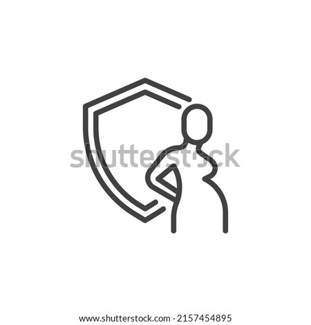 Maternity insurance line icon. linear style sign for mobile concept and web design. Pregnant woman and shield outline vector icon. Symbol, logo illustration. Vector graphics