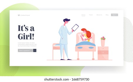 Maternity Landing Page Template Happy Woman Character Holding Newborn Child Lying in Bed at Delivery Hospital Chamber Listening Doctor Recommendations, Mom and Kid. Cartoon People Vector Illustration